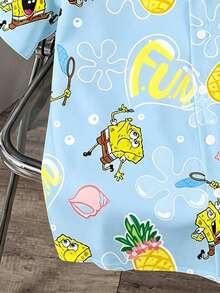 SpongeBob SquarePants | SHEIN Daypath 男士全印花單排扣休閒百搭日常通勤襯衫 - 藍色 - 查看 4