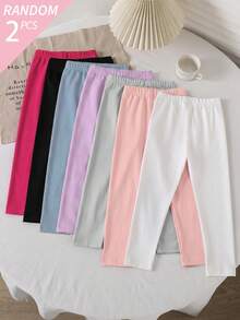 [7pcs Randomly Send 2pcs]Young Girls 2pcs Set Knitted Slim Fit All-Match Casual Versatile Spring/Summer Black/White Leggings, All-Season Wear - Multicolor - View 2