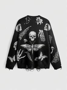 ROMWE Dark Gothic Style Plus Size Knit Cardigan, Skull & Moth Jacquard, Distressed Design, V-Neck Long Sleeve Halloween Sweater Jacket - Black - View 2
