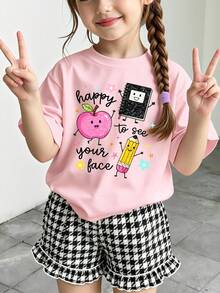 返校季女童幼兒可愛卡通筆記本鉛筆蘋果造型趣味字母印花基礎短袖T恤 - 粉色 - 查看 3