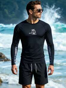Vorlivo Men's Long Sleeve Rash Guard And Shorts Swimsuit Set, Surfing Outfit With Sun Protection, Holiday - Black - View 4