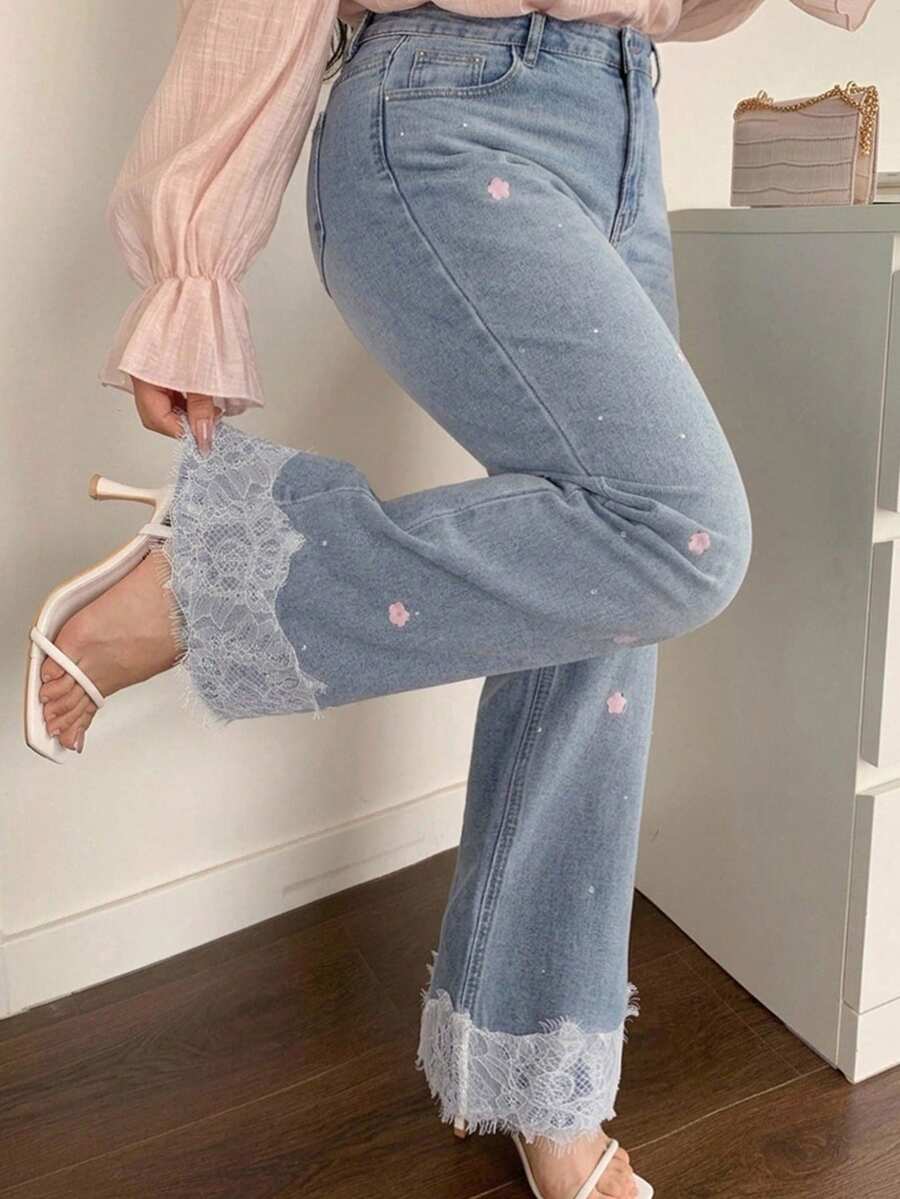 REIGN AVE Plus Size Slim Fit Sexy Flare Leg Casual Long Pants Lace Trim Patchwork Denim Jeans All Season Fall - Light Wash - View 1
