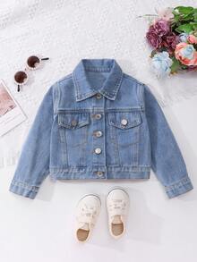 Elladie kids 女童牛仔夾克外套，新品上市，休閒牛仔女郎甜美俏皮可愛風，淺洗藍色，背後精緻毛絨3D花朵刺繡 - 淺色水洗藍 - 查看 3