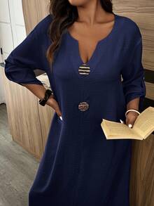 Breezaya Plus Size Casual Solid Color Dress Fall - Navy Blue - View 3