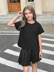 SHEIN Girlism 青少年女孩春夏兩件式休閒時尚露背交叉開背對比線條設計圓領插肩短袖寬鬆版型T恤，返校季，親子套裝 - 彩色 - 查看 2