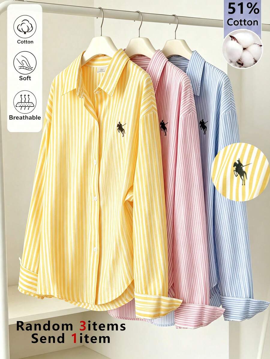 SHEIN 青少年米色細條紋刺繡長袖襯衫