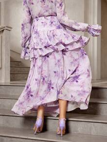 VOLUPTÉ CURVE Plus Size Women's Summer Lavender Print A-Line Maxi Skirt, Elegant Ruched Tiered Vacation Skirt High Tea - Beige - View 3