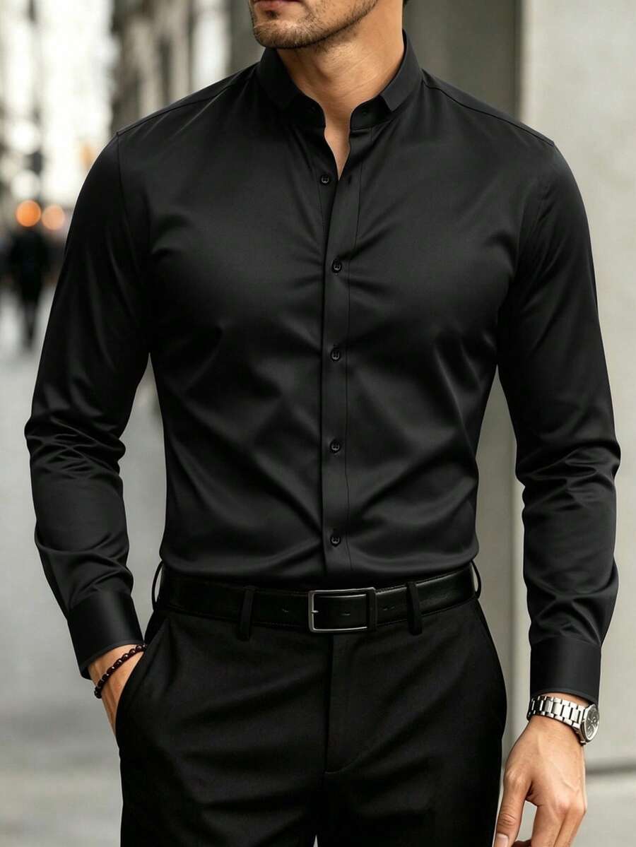 Manfinity Mode Men's Solid Color Long Sleeve Single-Breasted Casual Business Shirt, Formal - Black - View 1