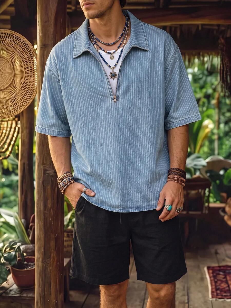 Alderstead 2026 New American Vintage Loose Turndown Collar Split Striped Short Sleeve Polo Casual Washed Denim Versatile Plus Size Top - Multicolor - View 1