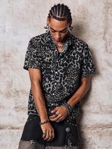 Skyrend Men's Casual Business Leopard Grain Textured Short Sleeve Shirt, Black, Summer Grunge - Black - View 5