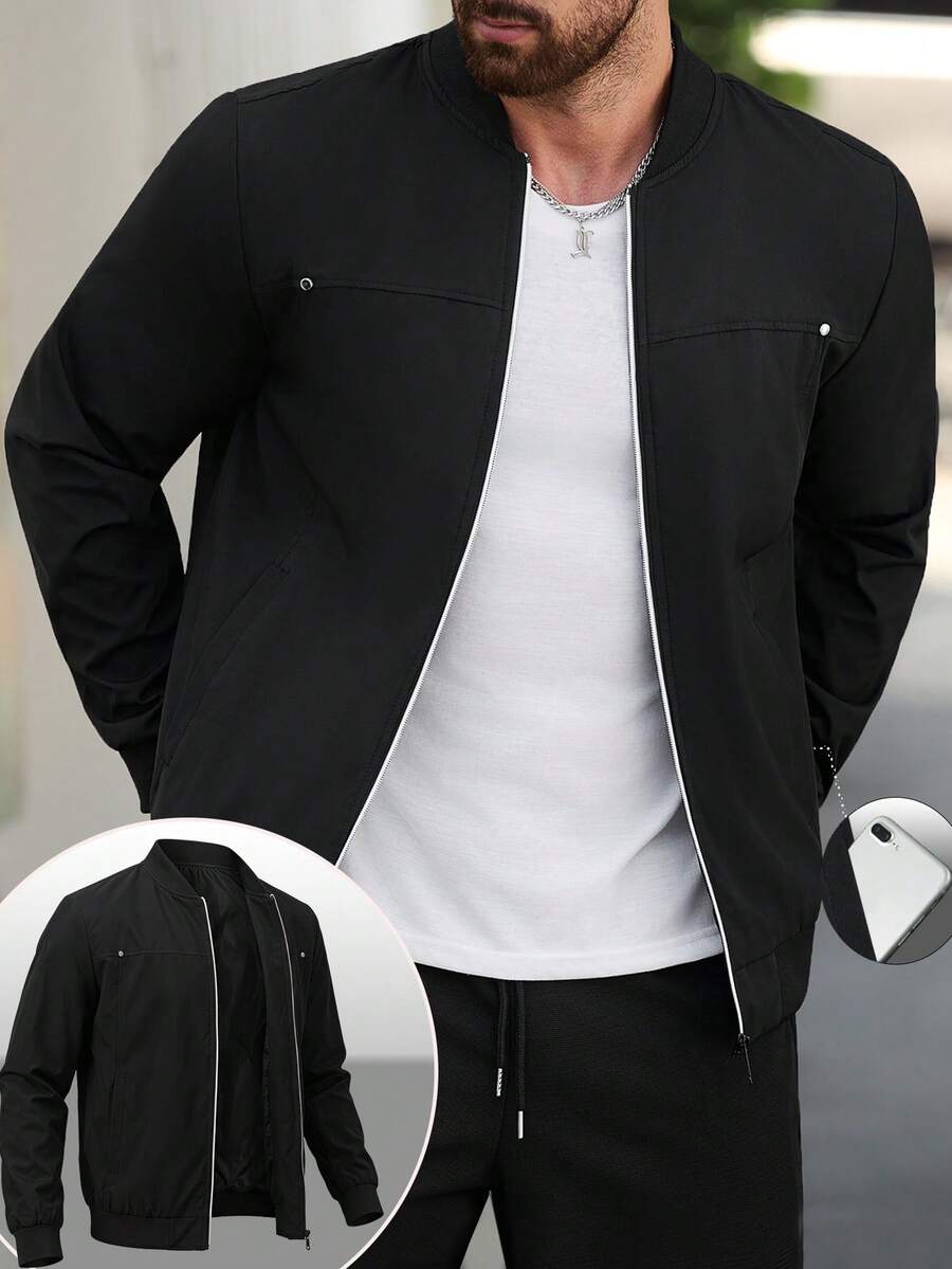 Manfinity CasualCool Men's Minimalist Black Bomber Jacket, Zip-Up Ribbed Cuffs & Hem, Casual Daily Outerwear For All Occa - Black - View 1