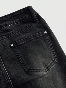 ROMWE Spring/Summer Y2K Harajuku Sexy Cross Distressed Frayed Skinny Ultra Low Waist Women's Jeans - Black - View 4