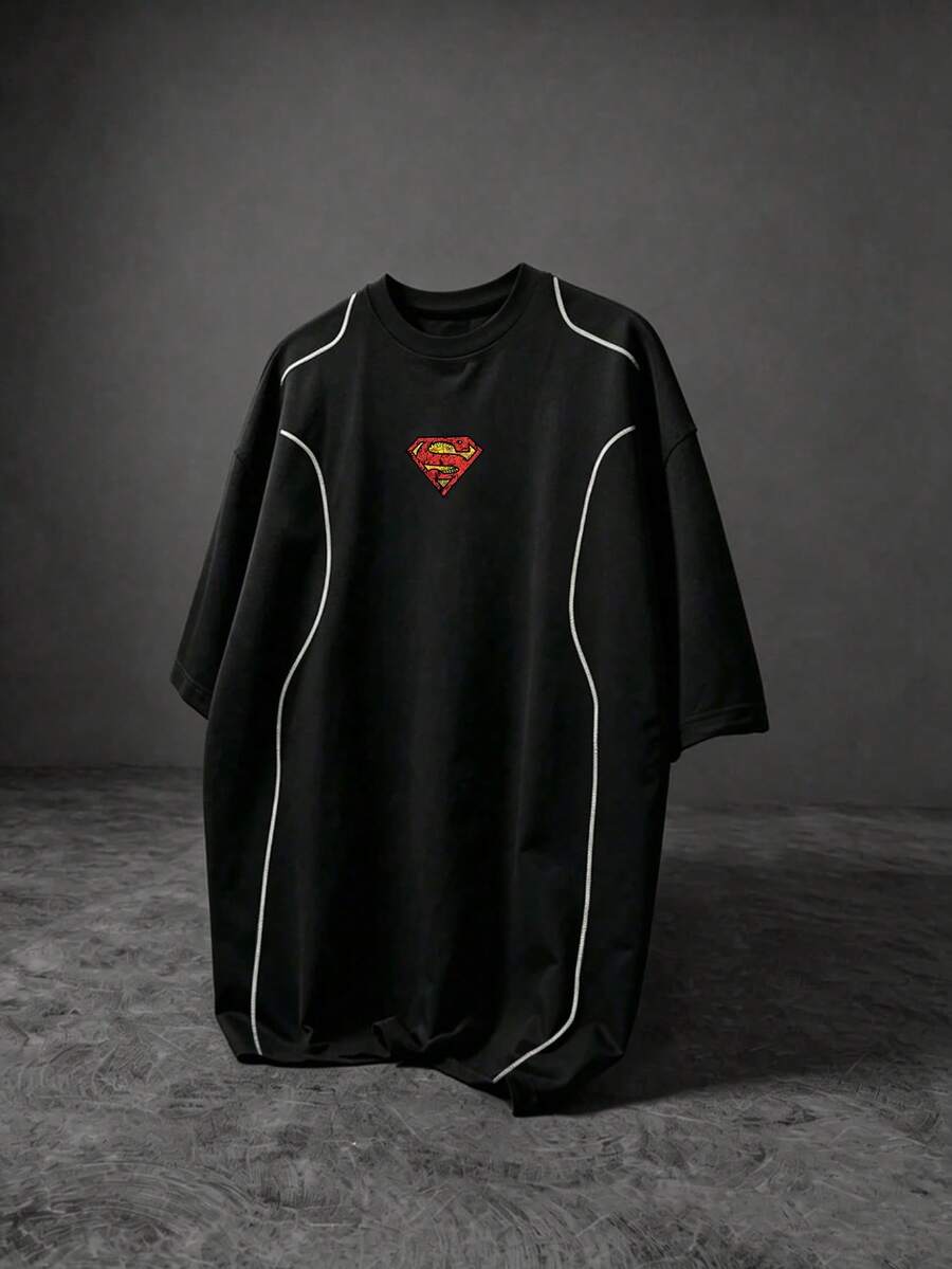 SUPERMAN X SHEIN 男士幾何印花短袖休閒健身運動T恤 - 黑色 - 查看 1