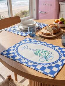 SHEIN 1 Piece, 2 Pieces, 4 Pieces, 6 Pieces, French Pastoral Blue And White Checkerboard Placemat, Linen Fabric Goblet Printed Thermal Insulation Mat, Restaurant Western Food Decorative Table Mat - Blue - View 4