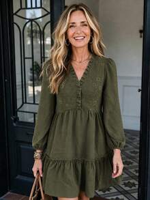 LanaWest Women's French Vacation Lace Patchwork Jacquard Dress - Army Green - View 5