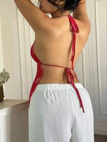 SHEIN CURVE+ 大码深V领细肩带露背吊带衫 - 紅色 - 查看 2