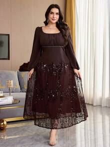 Modelyn Plus Size Women's Sequin Mesh Patchwork Casual Party Dress - Coffee Brown - View 1