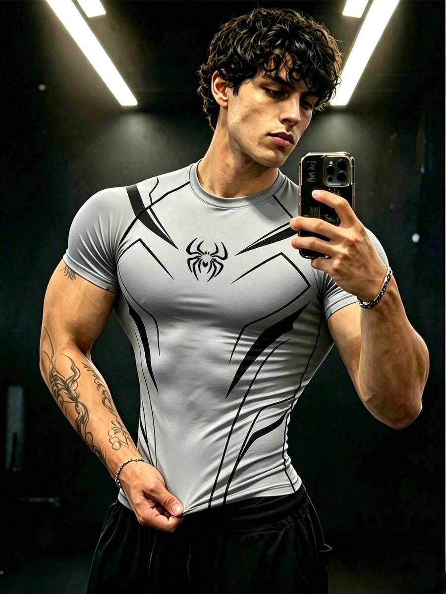 GymBeat Kaos Olahraga Pria Lengan Pendek Raglan Motif Laba-laba, untuk Gym - Hitam - View 1