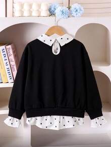 SHEIN Elladie kids 女童 4-7 歲白色泡泡袖上衣 前綁帶鈕扣開襟 優雅時尚 柔軟透氣 秋季生日派對拍照休閒上學穿搭 - 黑色 - 查看 2