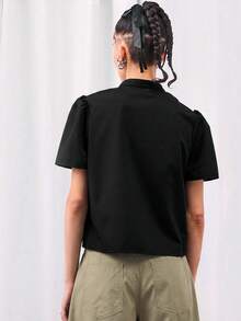 COUREZ Puff Sleeve Top With Tie Detail, Y2K Cute Tops Y2K Fall Autumn Clubbing Black Top - Black - View 3