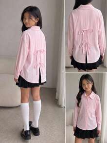 SHEIN 青少年女孩春/夏新款時尚寬鬆薄款後開衩綁帶長袖襯衫 - 粉色 - 查看 1