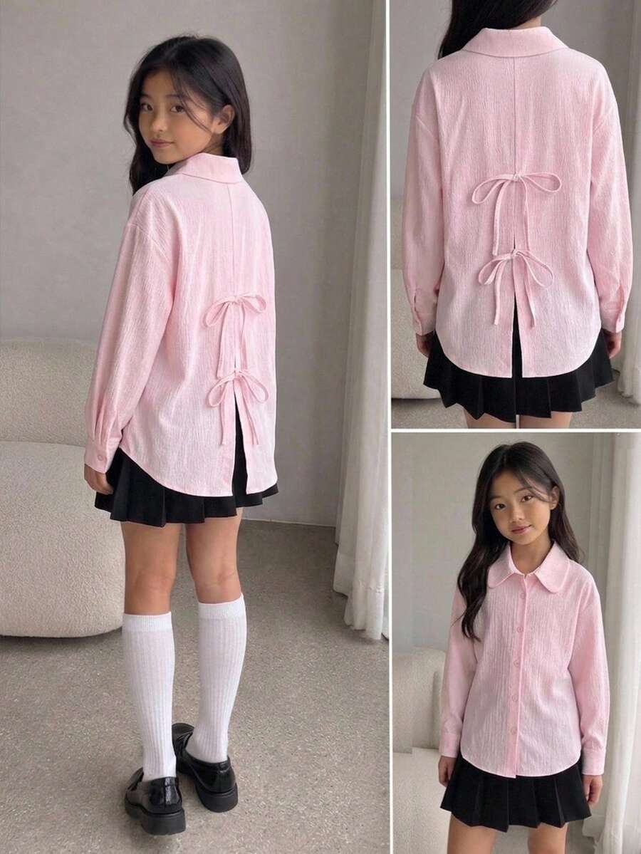 SHEIN 青少年女孩春/夏新款時尚寬鬆薄款後開衩綁帶長袖襯衫 - 粉色 - 查看 1