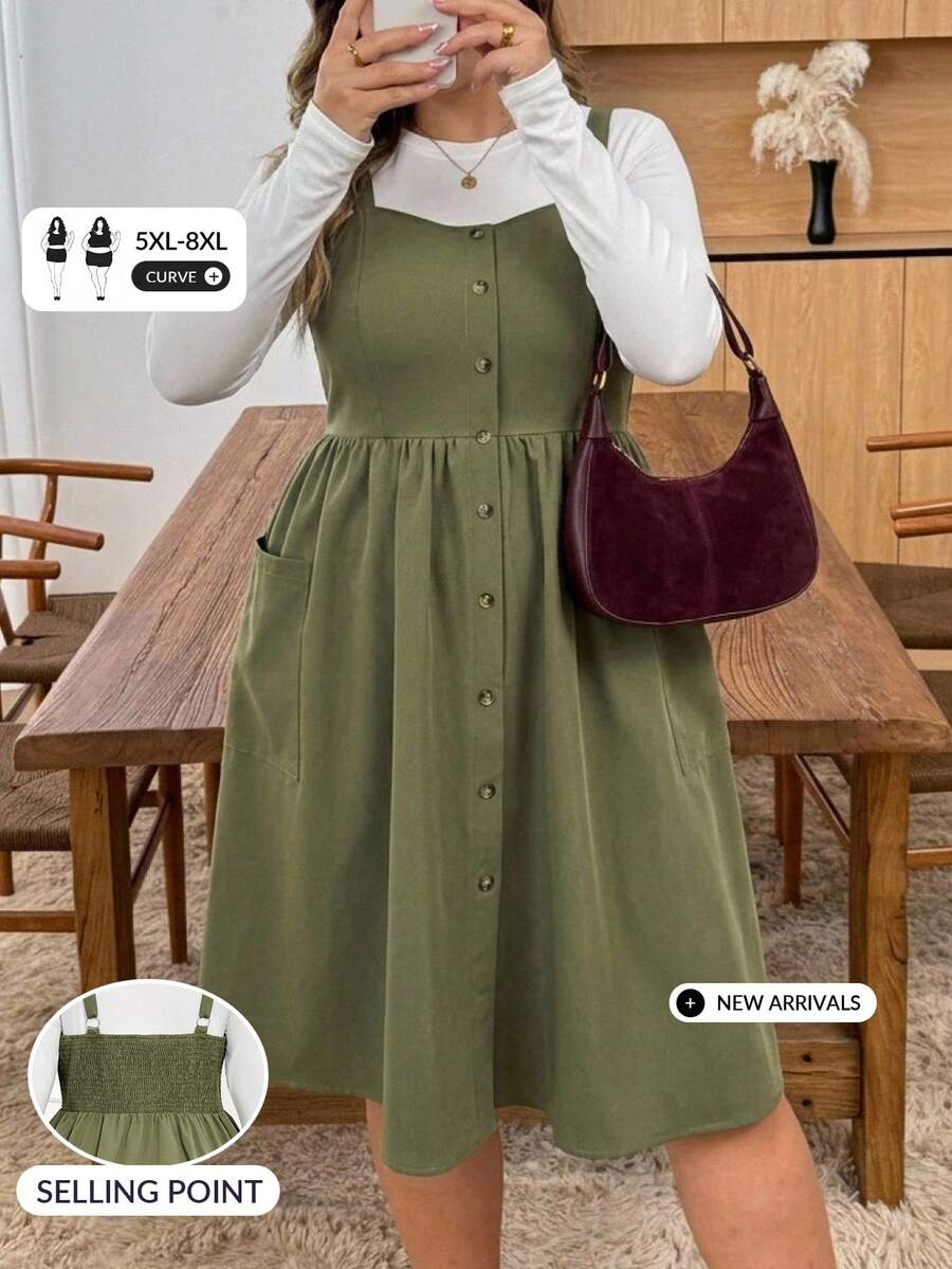 SHEIN CURVE+ Plus Size Women's Solid Color Simple Casual Daily Vacation Dinner Business Pocketed Sling Dress,Summer Dresses Teachers' Day All White Olive Green - Green - View 1