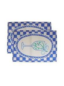SHEIN 1 Piece, 2 Pieces, 4 Pieces, 6 Pieces, French Pastoral Blue And White Checkerboard Placemat, Linen Fabric Goblet Printed Thermal Insulation Mat, Restaurant Western Food Decorative Table Mat - Blue - View 10