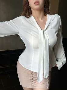 Dazy Plus Solid Color Casual Fitted Collar Short Length Fun Commuter White Long Sleeve Shirt Fall - White - View 6