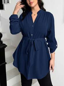 SHEIN Essnce Camisa casual versátil de talla grande con cinturón de unicolor para otoño - Azul Marino - Ver 7