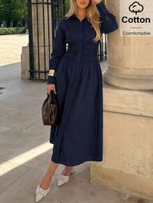 Siren Gaze Women's Elegant Commute Solid Color Front Button Long Dress - Navy Blue - View 3