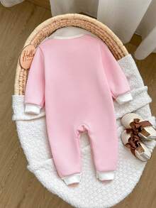 SHEIN Newborn Baby Girl Cute Autumn/Winter Bow Pattern Long Sleeve Thermal Lined Thick Jumpsuit - Baby Pink - View 2