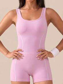 Eassivo 1pc Pink Contrast Seamed Back Strap Women's Sports Short Jumpsuit, Slim Fit, Ruched Hip Design, Suitable For Yoga Workout Summer - Pink - View 6