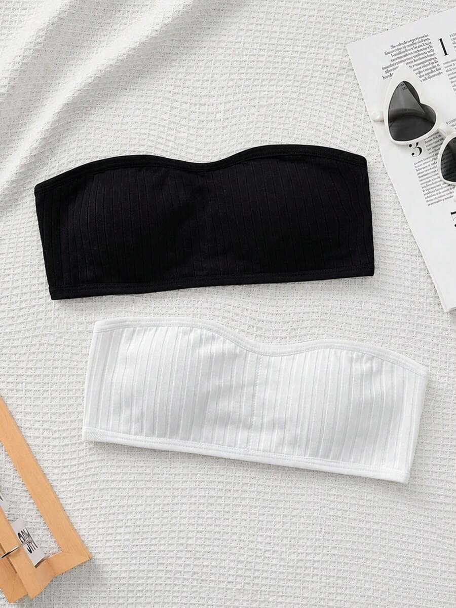 SHEIN Tween女孩簡約舒適加厚軟墊親膚抹胸內衣2件組,四季適用 - 黑與白 - 查看 1