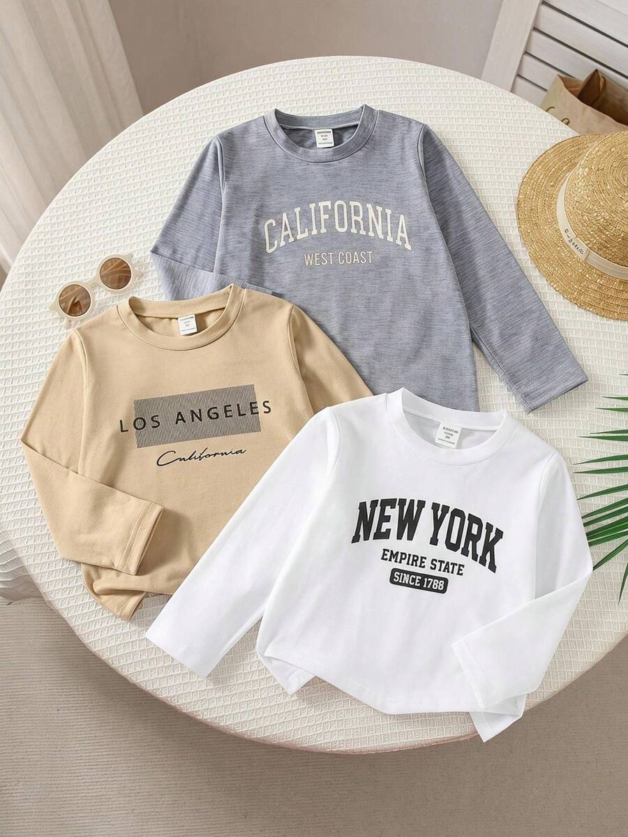 SHEIN 3pcs Letter Print Round Neck Long Sleeve T-Shirt, Exquisite Meaningful Letter Print, Lively And Interesting, Comfortable And Soft Fabric - Multicolor - View 1