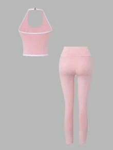 Sweetra 2pcs Solid Color Tank Top & Cropped Women's Sports Set - Pink - View 2