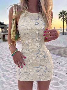 Aloruh Spring/Summer New Elegant Sexy Hot Girl Backless Dress, Elegant Backless Dress For Beach/Seaside Vacation, Backless Sleeveless Mini Dress, Sexy Party Dress, Green Solid Color Sequin Embroidered Deep Backless Mini Dress - Apricot - View 3