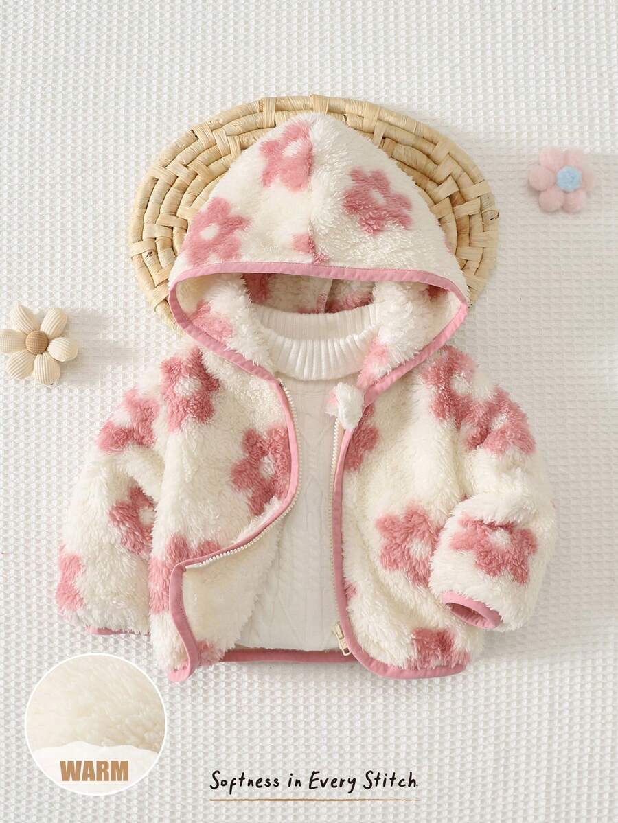 Cozy Pixies 新生女嬰花卉圖案保暖內裡加厚長袖拉鍊夾克,百搭舒適 - 粉色 - 查看 1