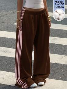 Muchica Women's Casual Brown Cotton Blend Knitted Wide Leg Sweatpants - Brown - View 1