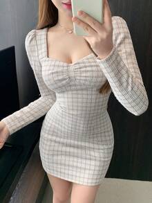 DAZY Slim-Fit Plaid Puff Sleeve Mini Sweetheart Neck Party Dress For Women,Fall Dress Long Sleeve Dress - White - View 1