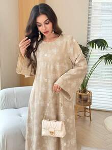 Yasmyna Spring/Autumn Round Neck Rubber Print Khaki Dress Saudi National Day Female Country Look Fall/Winter - Khaki - View 6