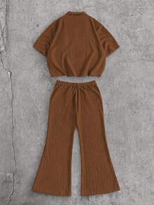 FeverCity Men's Casual Versatile Solid Color Shirt And Pants Set - Brown - View 3