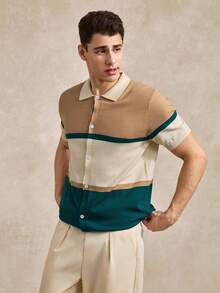 Courvante Men's Contrast Color Short Sleeve Single Breasted Casual Knit Cardigan Fall - Khaki - View 5