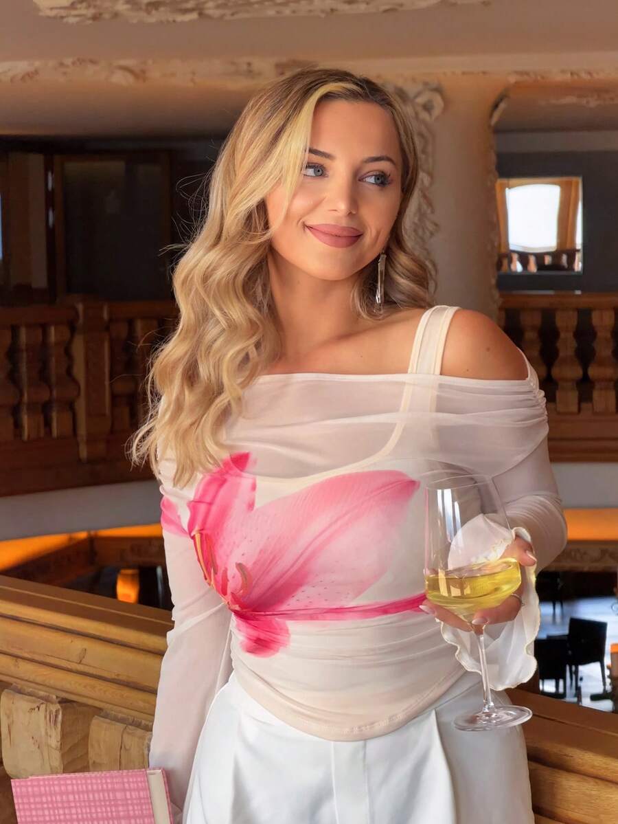 Jeta Ari Fitted Mesh Floral Print Cream T-Shirt For Women, Suitable For Date, Party, Casual And Work Vacation - Apricot - View 1