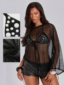 ACID BLVD Spring/Summer 2K Hot Girl Party Sheer Mesh Hollow Out Cape Cover-Up Sun Protection Top And Rivet Bikini Tank Top 2pcs Set - Black - View 11
