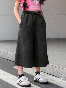 SHEIN 青少年女孩腰部繫帶口袋寬腿鬆垮休閒九分牛仔褲 - 黑色 - 查看 4