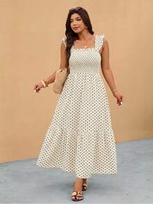 Elaquor Plus Size Polka Dot Print Casual Vacation Dress - Apricot - View 6