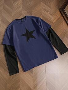 SWAVVY Men's Printed 2 In 1 Long Sleeve T-Shirt - Blue - View 1