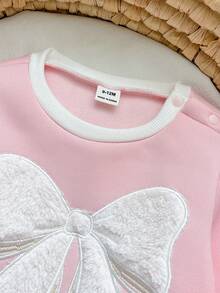 SHEIN Newborn Baby Girl Cute Autumn/Winter Bow Pattern Long Sleeve Thermal Lined Thick Jumpsuit - Baby Pink - View 8