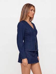 Avantive Women's Long Sleeve Front Button Fashion Denim Top - Dark Wash - View 6